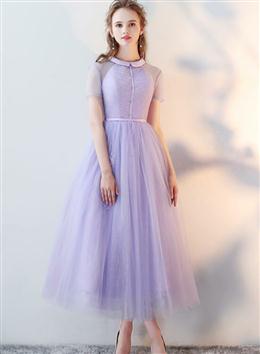 Picture of Pretty Light Purple Tea Length Wedding Party Dresses, Lace Short Sleeves Prom Dresses